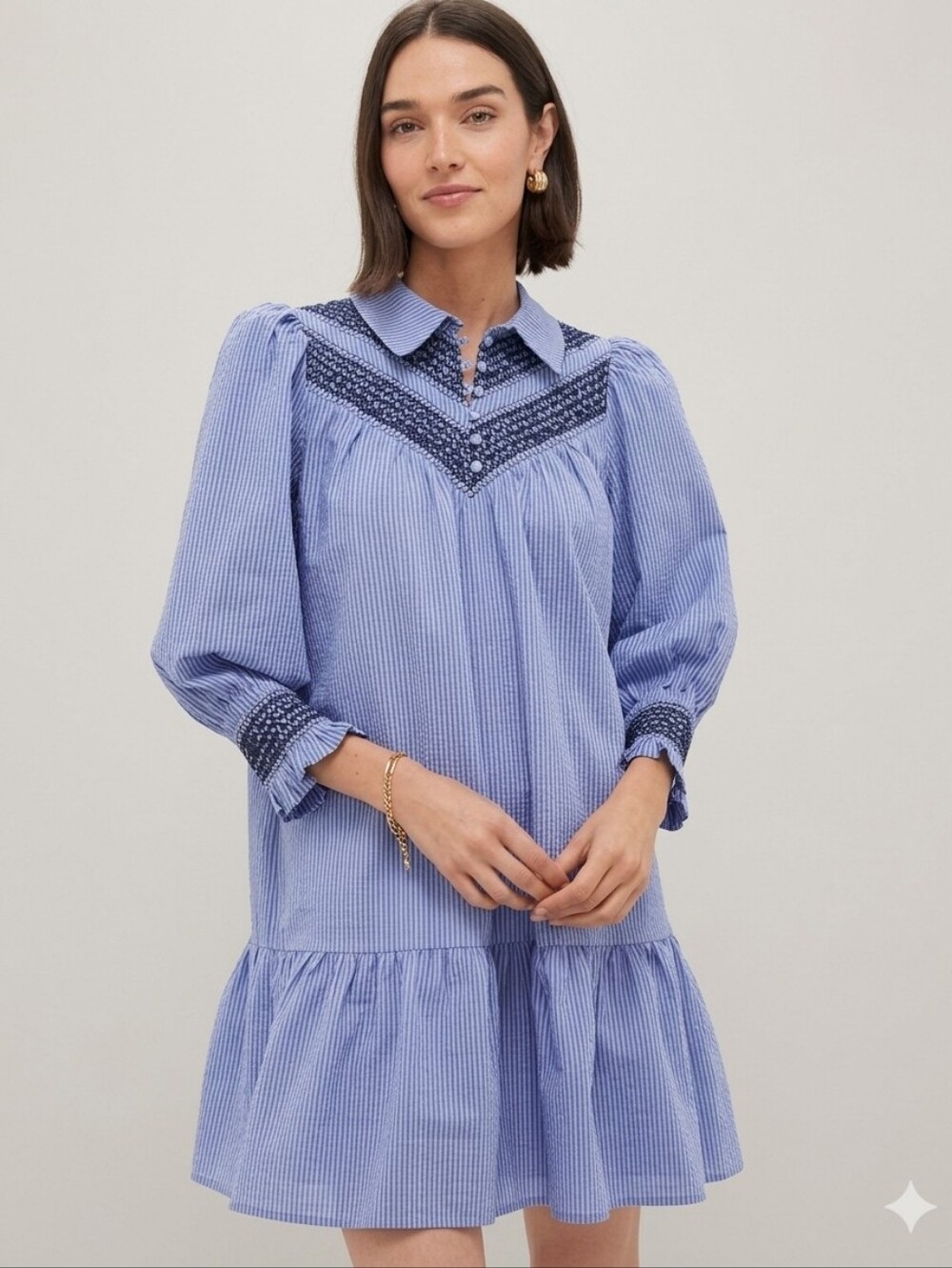 Pomander Place Blue Pinstripe Lace-Trim Mini Dress